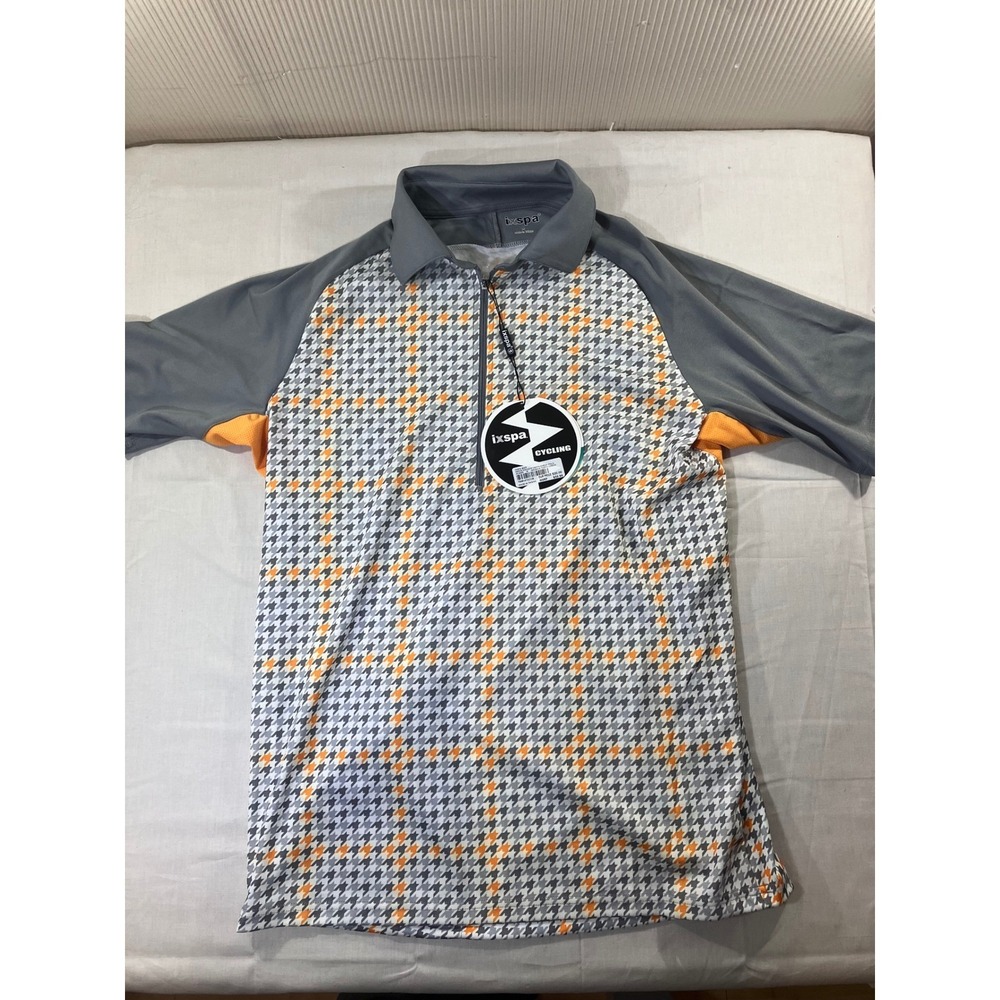 IXSPA NWT Bike‎ Cycling Houndstooth Check Polo Shirt Mens Medium Gray Orange